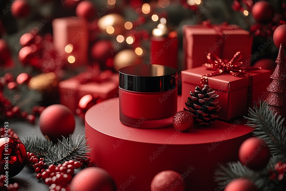 Red cosmetics jar on red podium with Christmas decorations Red cosmetics jar on red podium with Christmas decorations