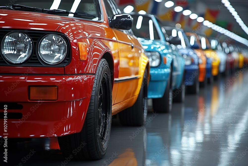 A line of classic cars in a showroom, with a red car in the foreground. A line of classic cars in a showroom, with a red car in the foreground.