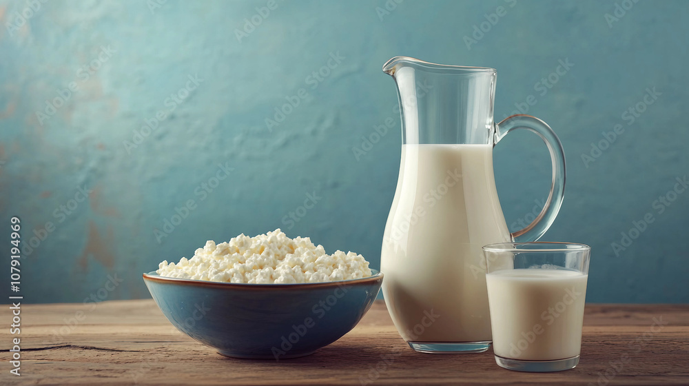 Dairy Products Still Life with Milk Bottle, Pitcher, Glass, and Cottage Cheese on Wooden Table Dairy Products Still Life with Milk Bottle, Pitcher, Glass, and Cottage Cheese on Wooden Table