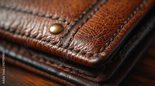 Close-up view of exquisite brown leather wallet with intricate stitching. High-quality craftsmanship and durable material. A timeless piece of luxury leather goods.