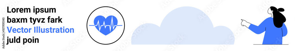 Heartbeat symbol within a circle, woman pointing towards a blue cloud, and placeholder text. Ideal for healthcare, technology, cloud services, digital marketing, education, web design, user Heartbeat symbol within a circle, woman pointing towards a blue cloud, and placeholder text. Ideal for healthcare, technology, cloud services, digital marketing, education, web design, user