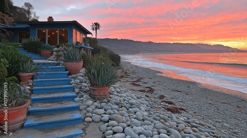 A coastal residence features colorful plants and stone steps leading to a serene beach with a breathtaking sunset over the ocean. The sky is ablaze with rich hues