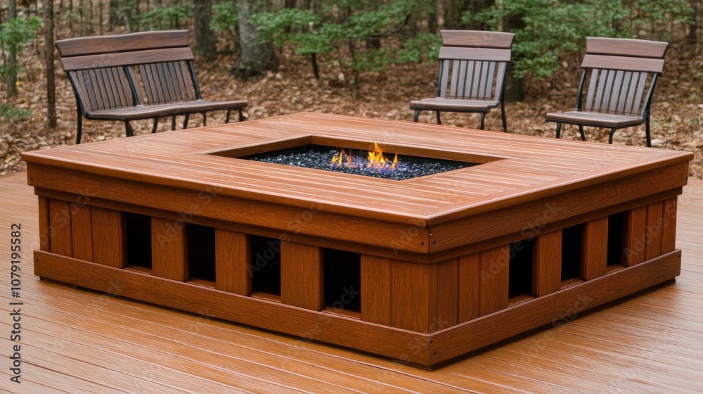 Contemporary Outdoor Fire Pit Surrounded by Modern Chairs on Wooden Deck in Serene Forest Setting, Perfect for Relaxation and Gatherings Amid Nature’s Beauty Contemporary Outdoor Fire Pit Surrounded by Modern Chairs on Wooden Deck in Serene Forest Setting, Perfect for Relaxation and Gatherings Amid Nature’s Beauty