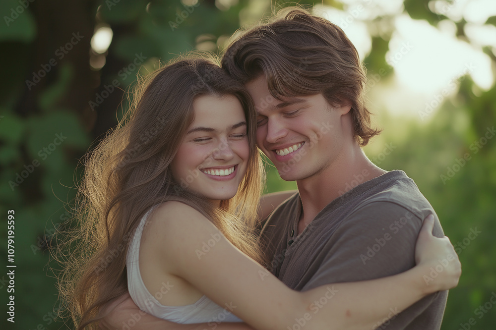 Young couple hugging outdoors in a nature setting, both laughing, symbolizing joy and carefree moments in love and friendship. Young couple hugging outdoors in a nature setting, both laughing, symbolizing joy and carefree moments in love and friendship.