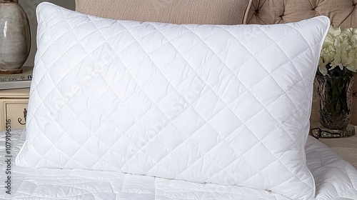 A clean, white quilted pillow on a serene bedroom background.