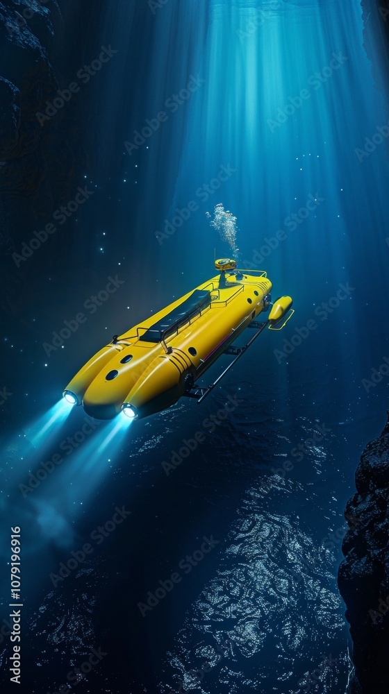 A yellow submersible craft glides through the captivating underwater world, illuminated by its powerful lights against the dramatic backdrop of the deep azure sea and cascading sunlight beams. A yellow submersible craft glides through the captivating underwater world, illuminated by its powerful lights against the dramatic backdrop of the deep azure sea and cascading sunlight beams.