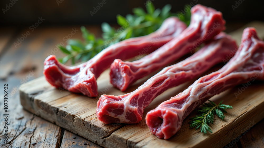 Raw meat bacon sliced on a wooden cutting board with green herbs sprinkled on top. Raw meat bacon sliced on a wooden cutting board with green herbs sprinkled on top.