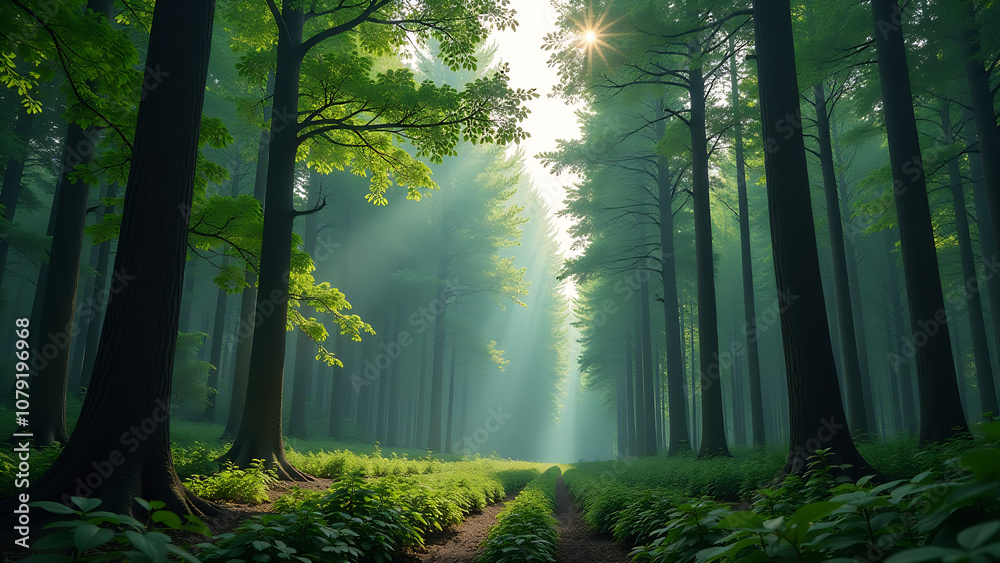 Naklejka premium Dense forest view capturing trees in various life stages - from saplings to towering mature trees - wide format