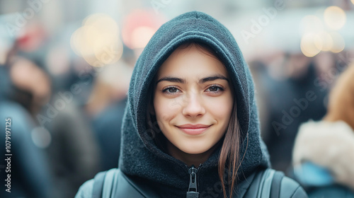 Young person wearing a hoodie, standing in a crowd with a calm, confident smile. Urban street background creates a casual and relatable vibe.