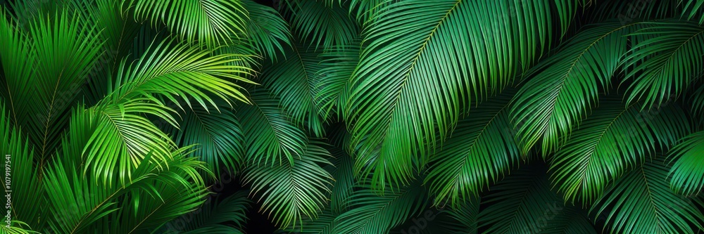 Fototapeta premium Lush green tropical palm leaves in a dense jungle setting, botanical garden, tropical plants