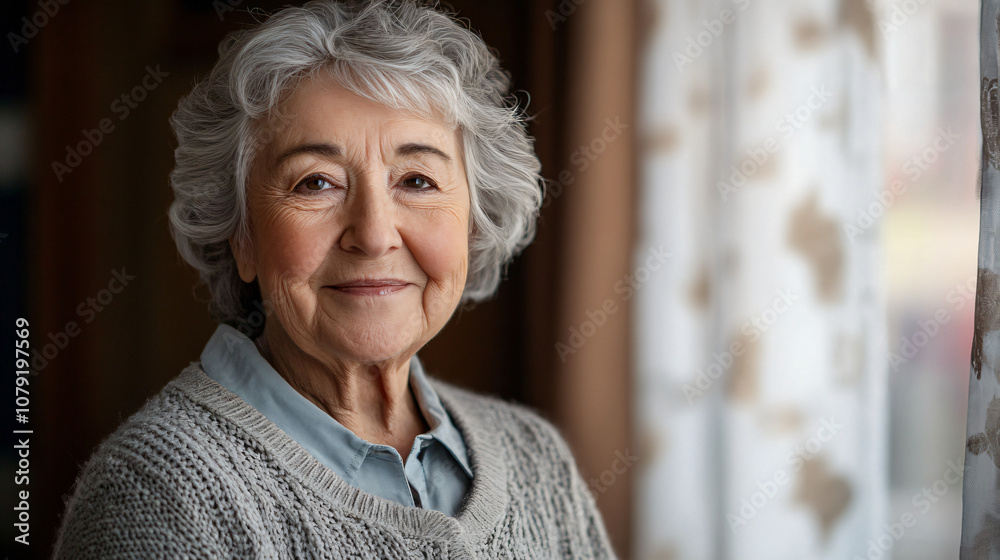 Close-up of a serene elderly woman with gray hair, conveying wisdom and contentment, possibly at home Close-up of a serene elderly woman with gray hair, conveying wisdom and contentment, possibly at home