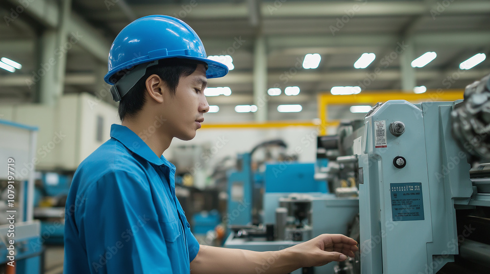 An industrial worker in a blue uniform and helmet operating machinery inside a factory, focused and diligent. Emphasizes manufacturing, precision, and technical skill. An industrial worker in a blue uniform and helmet operating machinery inside a factory, focused and diligent. Emphasizes manufacturing, precision, and technical skill.