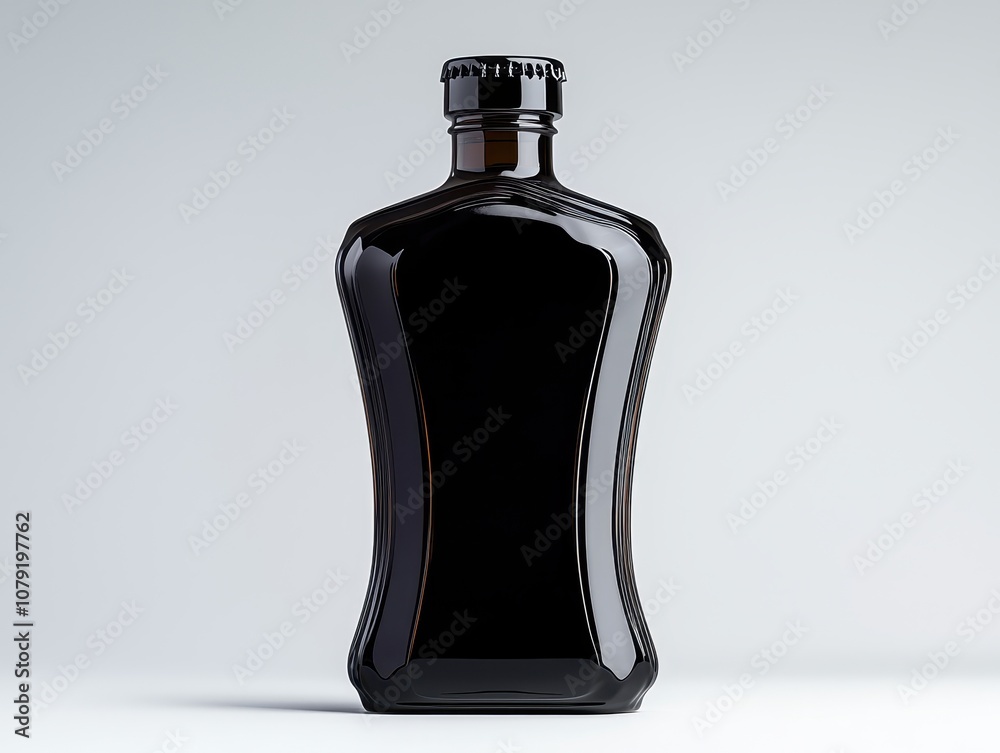 A sleek, modern black bottle with a unique shape and no labeling, set against a plain background. A sleek, modern black bottle with a unique shape and no labeling, set against a plain background.