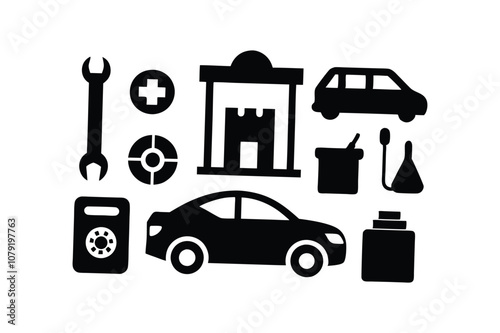  Auto service, car garage icons set silhouette black vector art illustration.