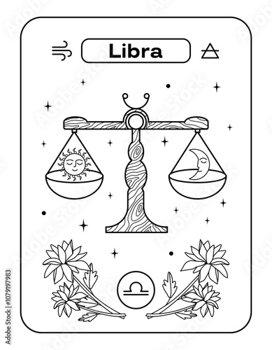 Sun and moon are on the scales. Postcard zodiac sign Libra. Black and white line flat vector illustration. Eps10