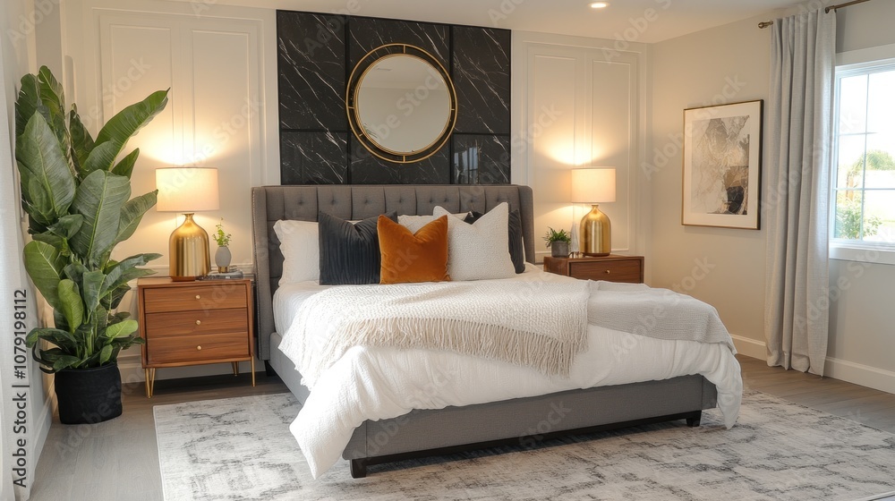 Fototapeta premium Modern bedroom with a gray upholstered bed, white bedding, a large round mirror, and a plant.