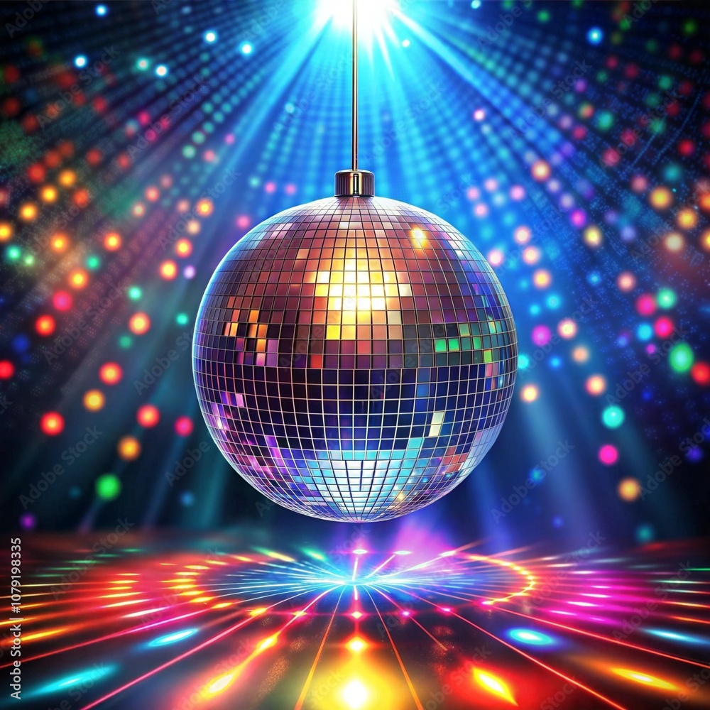 Obraz premium Disco ball with colorful lights on vibrant dance floor