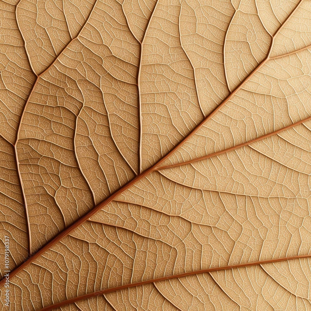 Obraz premium A close-up view of a textured leaf showcasing intricate veins and a warm, golden-brown hue that highlights the natural patterns of the leaf's surface.