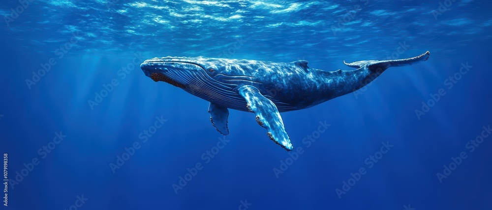 Fototapeta premium A majestic whale glides gracefully through the clear blue ocean, showcasing its magnificent size and beautiful spotted skin.