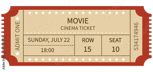 Retro movie ticket design template on red background. Admit one. Tickets for theatre, festival, cinema, party, circus  and etc. Vector illustration.