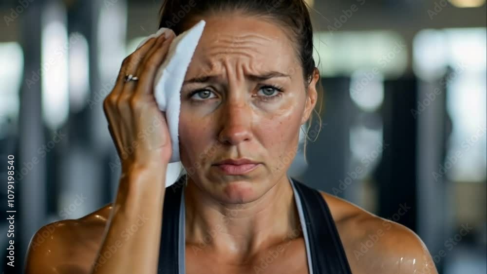 Woman Wiping Her Forehead After Intense Workout.