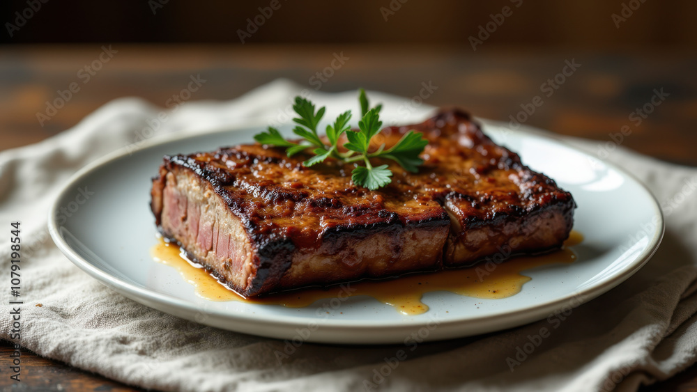 Juicy, tender steak on a white plate with sauce, accompanied by herbs as garnish. Juicy, tender steak on a white plate with sauce, accompanied by herbs as garnish.