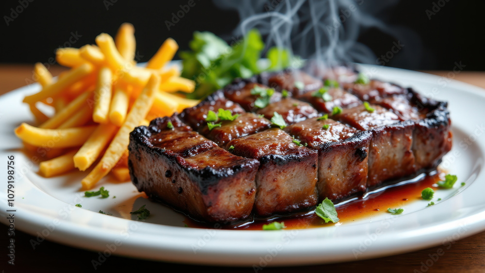 Juicy steak with golden fries on a white plate, garnished with herbs. Juicy steak with golden fries on a white plate, garnished with herbs.