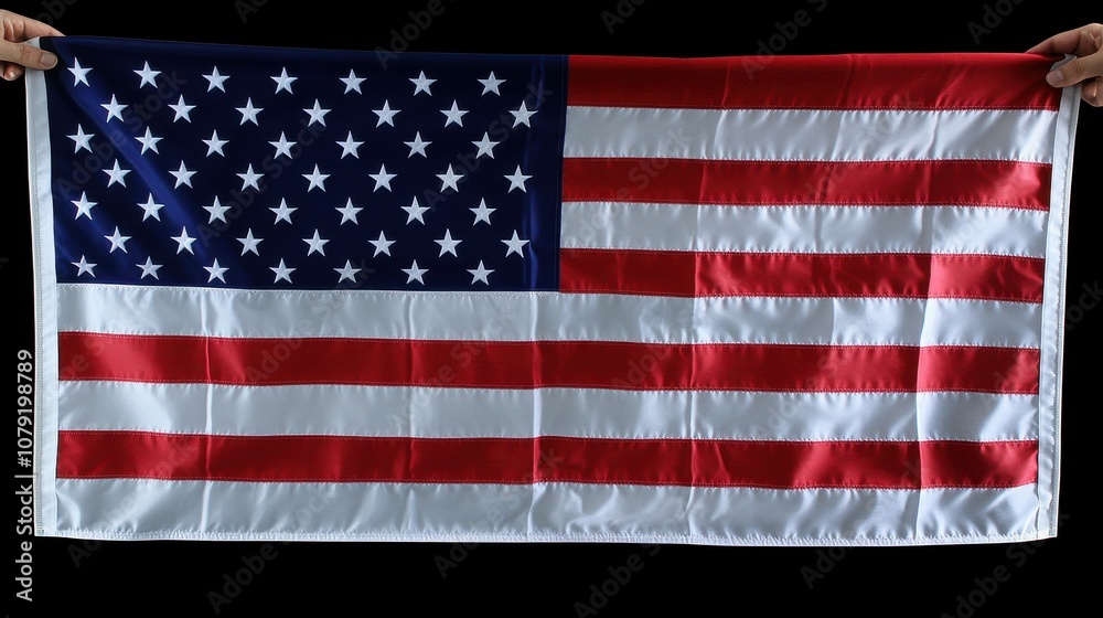 Fototapeta premium Two hands proudly hold an American flag against a dark backdrop, emphasizing its vibrant colors and iconic design, symbolizing freedom and national pride