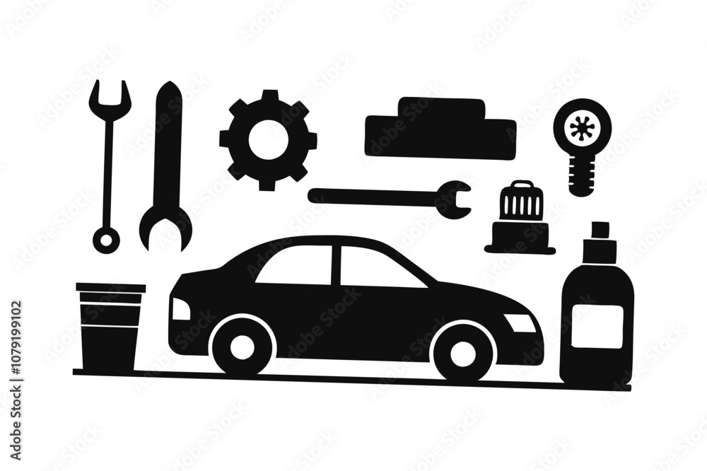 Auto service, car garage icons set silhouette black vector art illustration. Auto service, car garage icons set silhouette black vector art illustration.