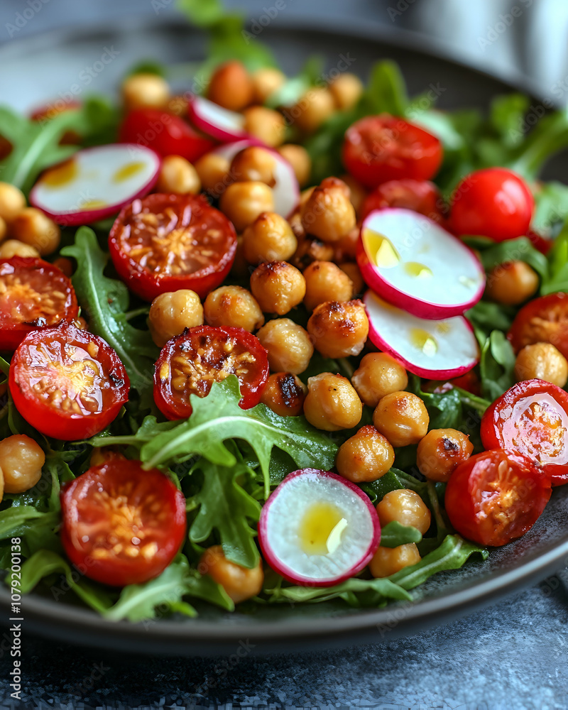 A healthy salad with chickpeas, tomatoes, and radishes. A healthy salad with chickpeas, tomatoes, and radishes.