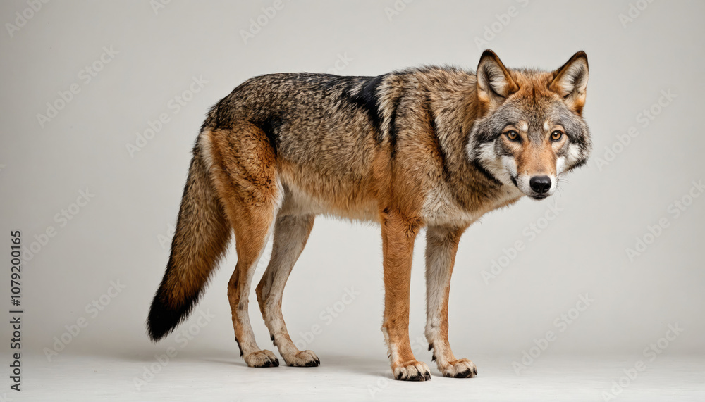 Fototapeta premium A red wolf stands on a white background, looking directly at the camera