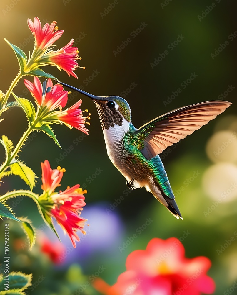 Fototapeta premium Hummingbird Hovering Near Pink Flowers in Sunlight