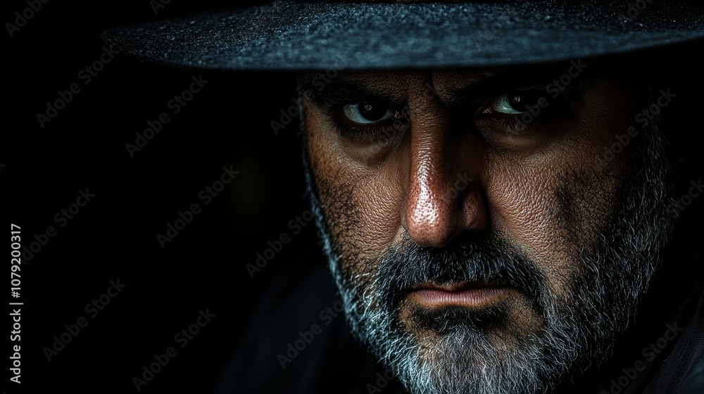 A man with a serious expression gazes directly at the viewer, his face partially obscured by shadow, highlighting his rugged features and weathered skin A man with a serious expression gazes directly at the viewer, his face partially obscured by shadow, highlighting his rugged features and weathered skin