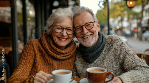 Happy retired couple smiling and enjoying a cup of coffee together at an outdoor cafe