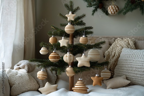 Christmas tree decorated in beige and white colors in a cozy interior photo