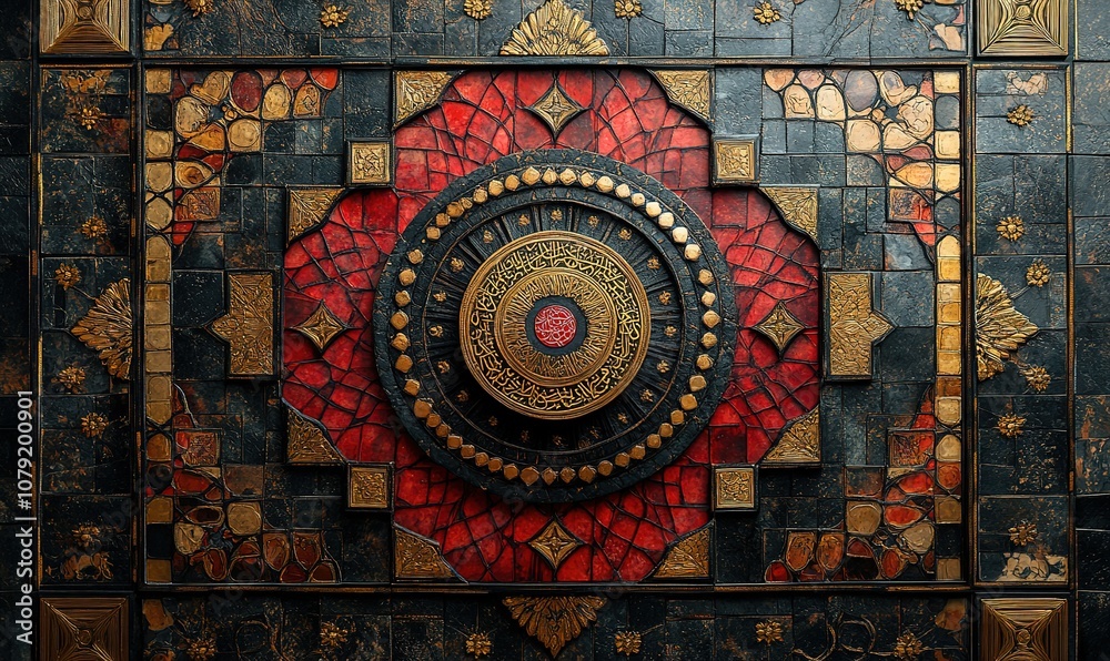 Fototapeta premium Intricate mosaic tile work in shades of gold, red, and black create a stunning, symmetrical design.