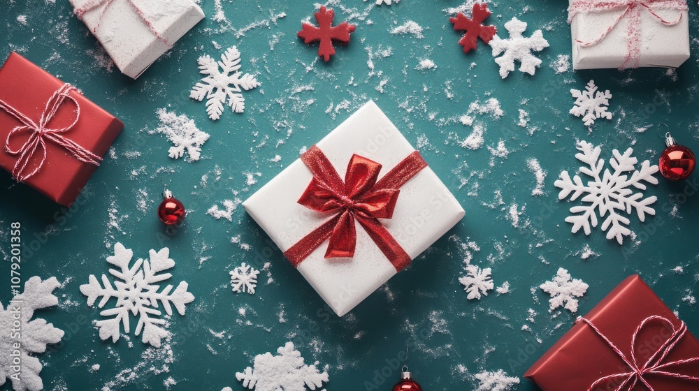 Decorative christmas background with gifts and snowflakes Decorative christmas background with gifts and snowflakes