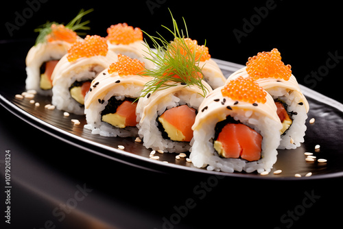 Bandeja se sushi en fondo negro. Rollos de sushi California roll con salmón aguacate, sésamo y caviar rojo. Gastronomía asiática y oriental. photo