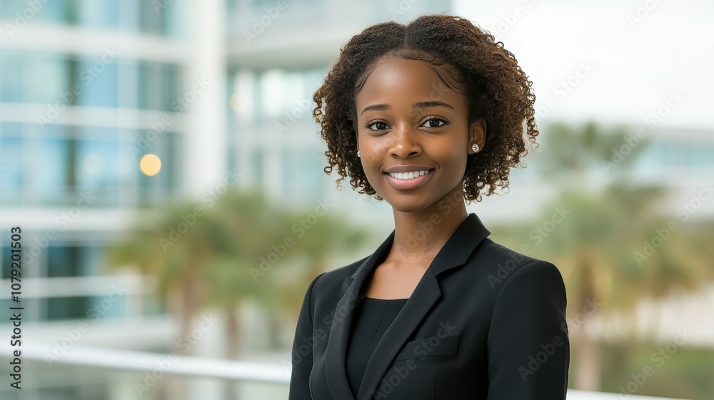 A young woman stands smiling in a sleek office environment, dressed in a formal business suit. The greenery of palm trees outside enhances the bright and contemporary setting A young woman stands smiling in a sleek office environment, dressed in a formal business suit. The greenery of palm trees outside enhances the bright and contemporary setting
