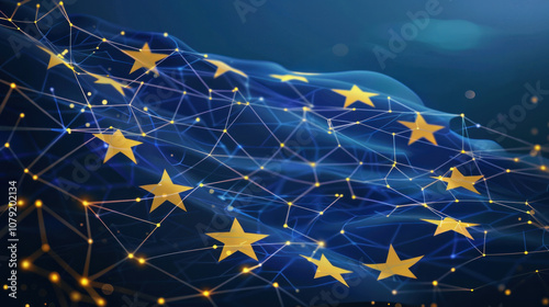 A blue flag of the European Union made up of geometric shapes and lines with yellow stars on it, with a background in shades of dark blue, depicting digital network connections photo