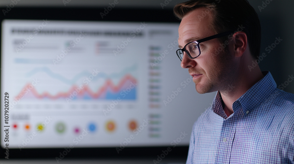 Executive reviewing a printed marketing report in a corporate setting Executive reviewing a printed marketing report in a corporate setting