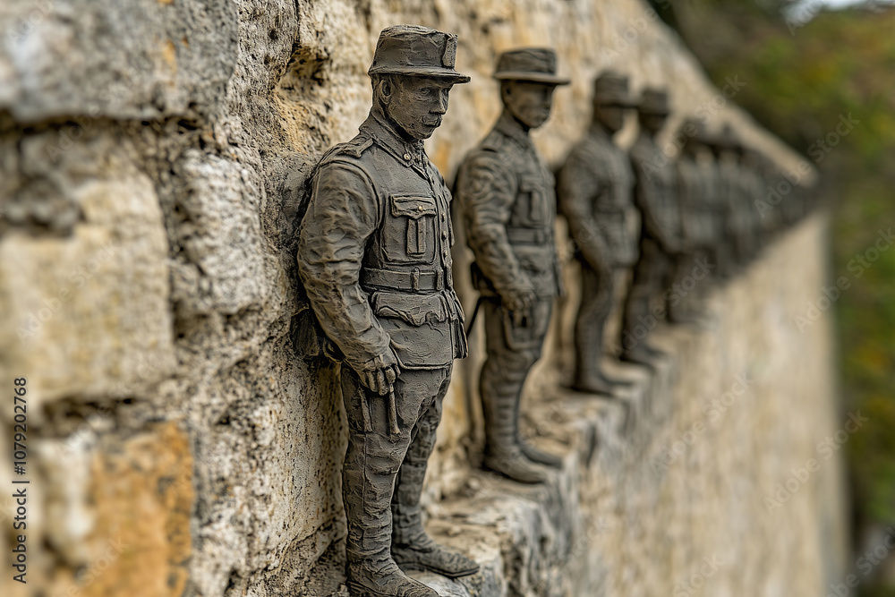 Fototapeta premium Soldiers stand guard in solemn unity along a historic stone wall