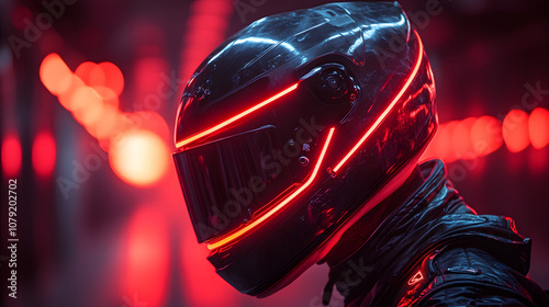 A profile picture of an F1 driver wearing their helmet with red and black racing gear, exuding the intense focus and determination required in high-speed motorsport, capturing the essence of precision photo