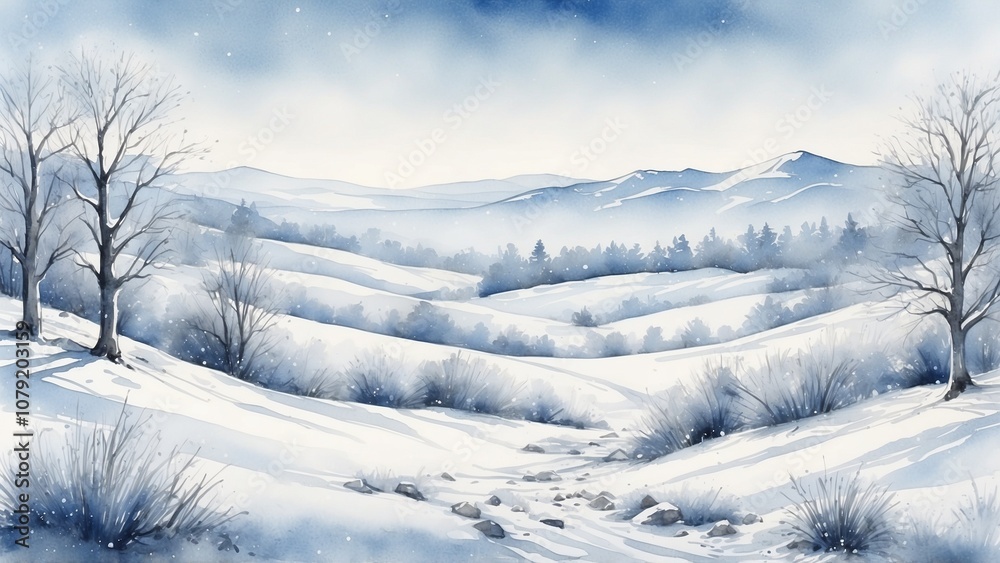 Serene winter landscape with snow-covered hills and trees in a watercolor style Serene winter landscape with snow-covered hills and trees in a watercolor style