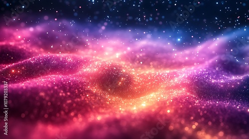 A dreamy, abstract background featuring a swirling, glittery nebula with a pink, purple and orange color scheme.