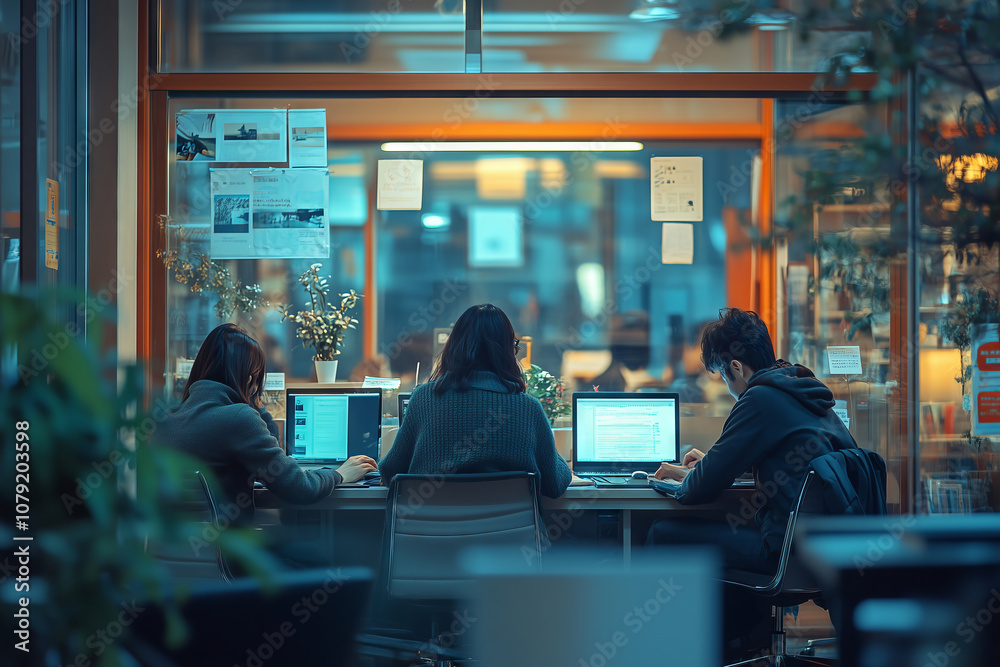 Evening collaboration among pros in a vibrant office space Evening collaboration among pros in a vibrant office space