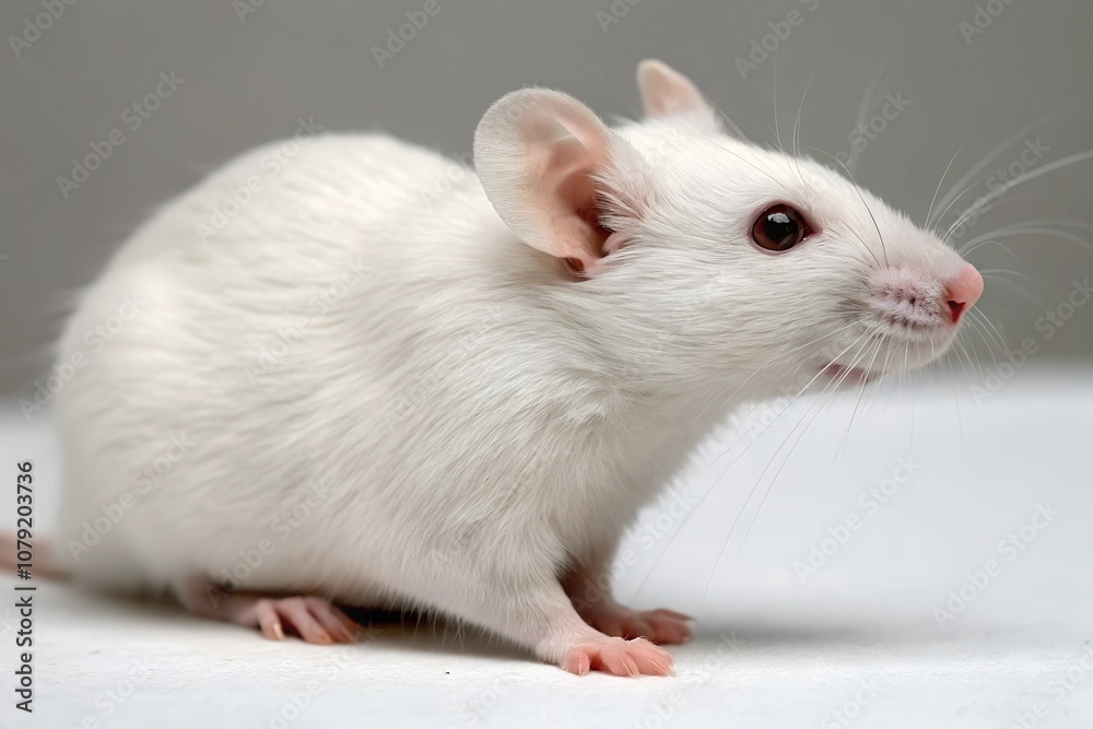 A close-up profile of a white lab mouse on a neutral background, highlighting the delicate details of its fur, whiskers, and curious expression. A close-up profile of a white lab mouse on a neutral background, highlighting the delicate details of its fur, whiskers, and curious expression.
