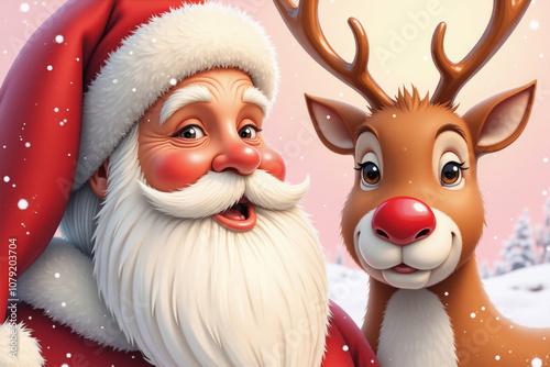 Life-like portraits of Santa Claus and Rudolph the red-nosed reindeer in retro style close-up on light pink watercolor snowy background. AI generative.