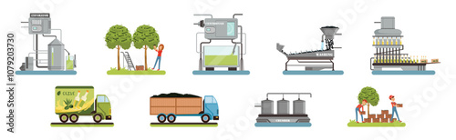 Olive Oil Production with Fruit Harvesting and Liquid Fat Extraction Vector Illustration Set