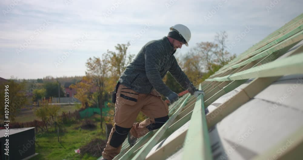 Construction worker hammering roof beams on building structure, wearing safety helmet, high angle view of teamwork with colleagues in background, outdoor construction project site